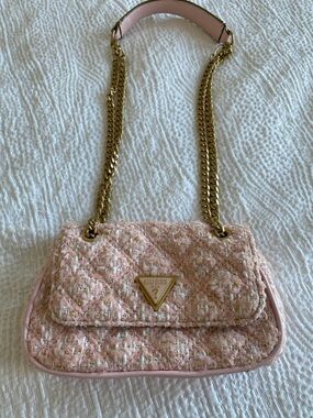 GUESS Pink Tweed Shoulder Bag with Gold Chain Strap